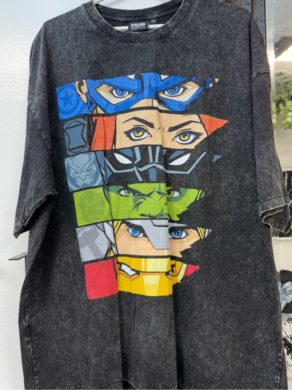Avengers Marvel Black Tee with Multicolor Superhero Panel Graphic